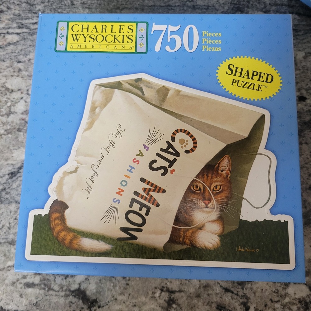 Charles Wysocki's Cat's Meow Shaped 750 Piece MB Puzzle New‎ in Sealed Box